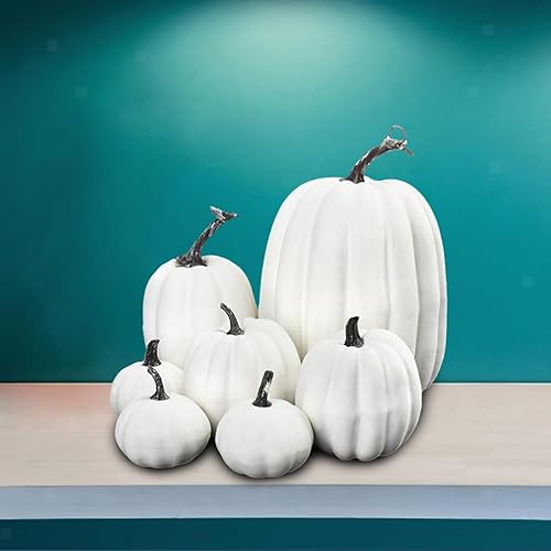 Miniatura 3 de Juego de 7 calabazas artificiales para decoración de otoño, juego de calabazas falsas, calabazas blancas de plástico para decoración, calabazas
