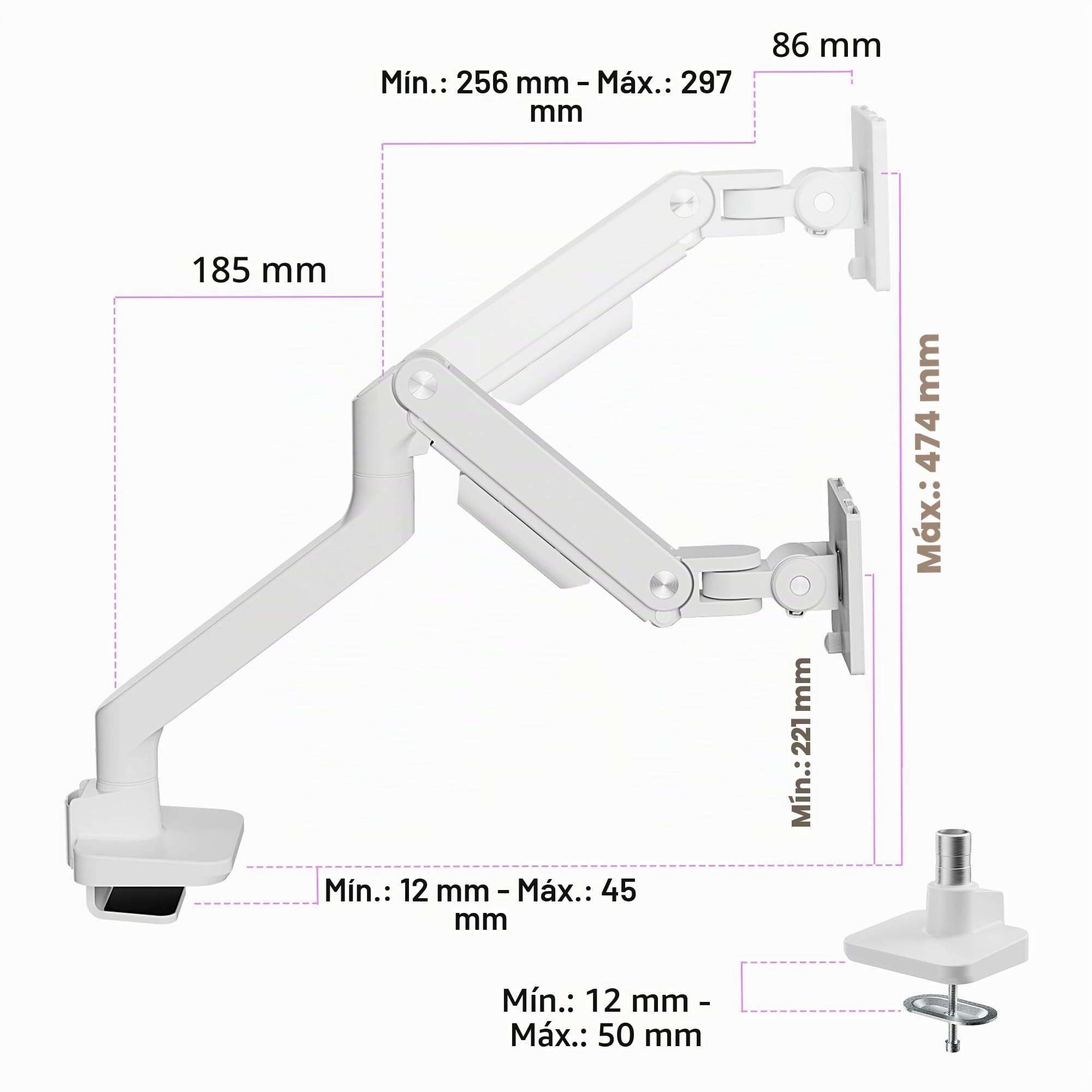ARES WING Soporte Monitor para Pantallas 17-49", Brazo Monitor Carga 20 kg, VESA 75/100 mm, Blanco