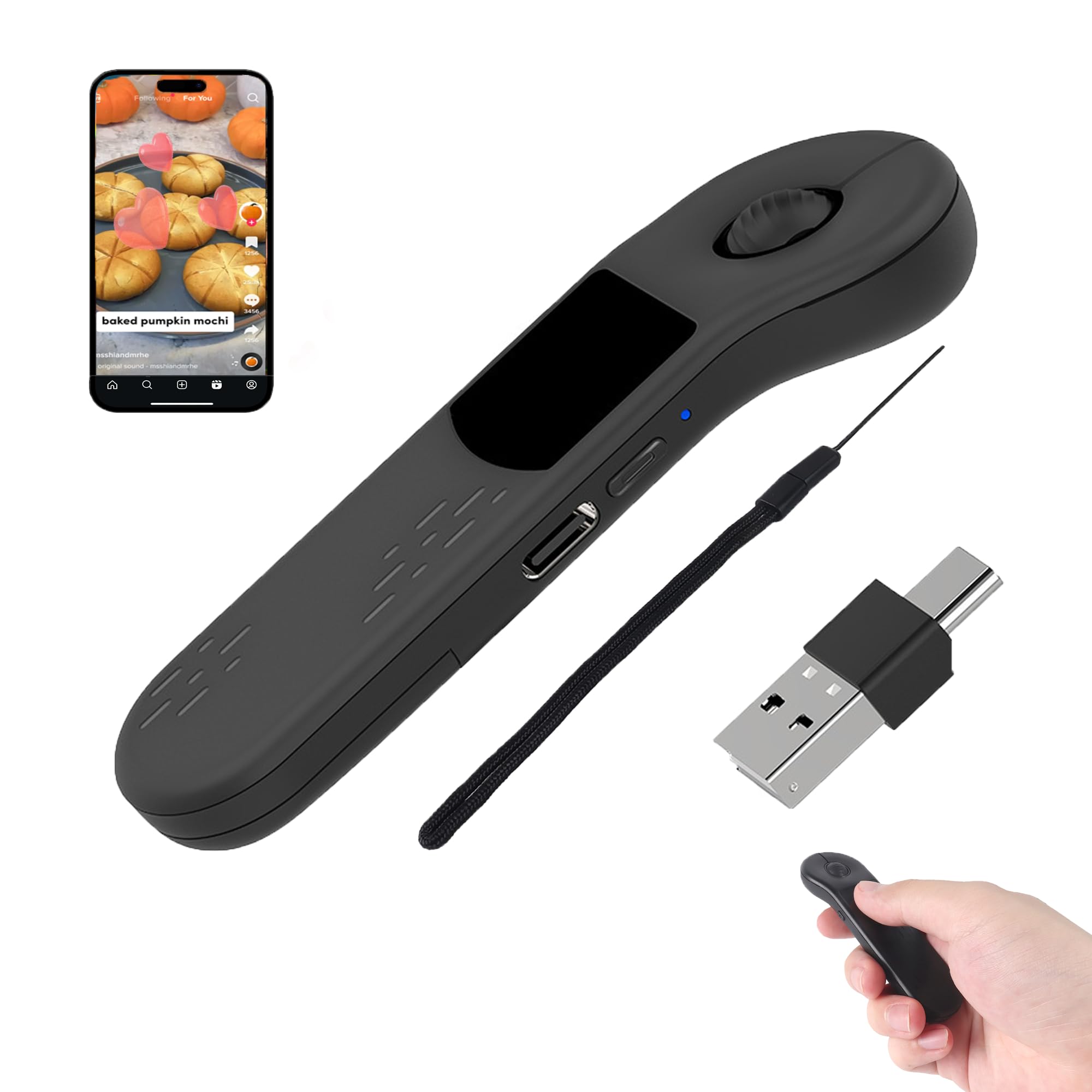 2-in-1 Air Mouse Kabelloser Bluetooth-Laser Präsentationsklicker mit Touchpad, Wiederaufladbare Handmaus mit Blätterfunktion für PPT/TikTok/Kamera/Kindle-App, für Smartphone Tablet PC Laptop–Schwarz