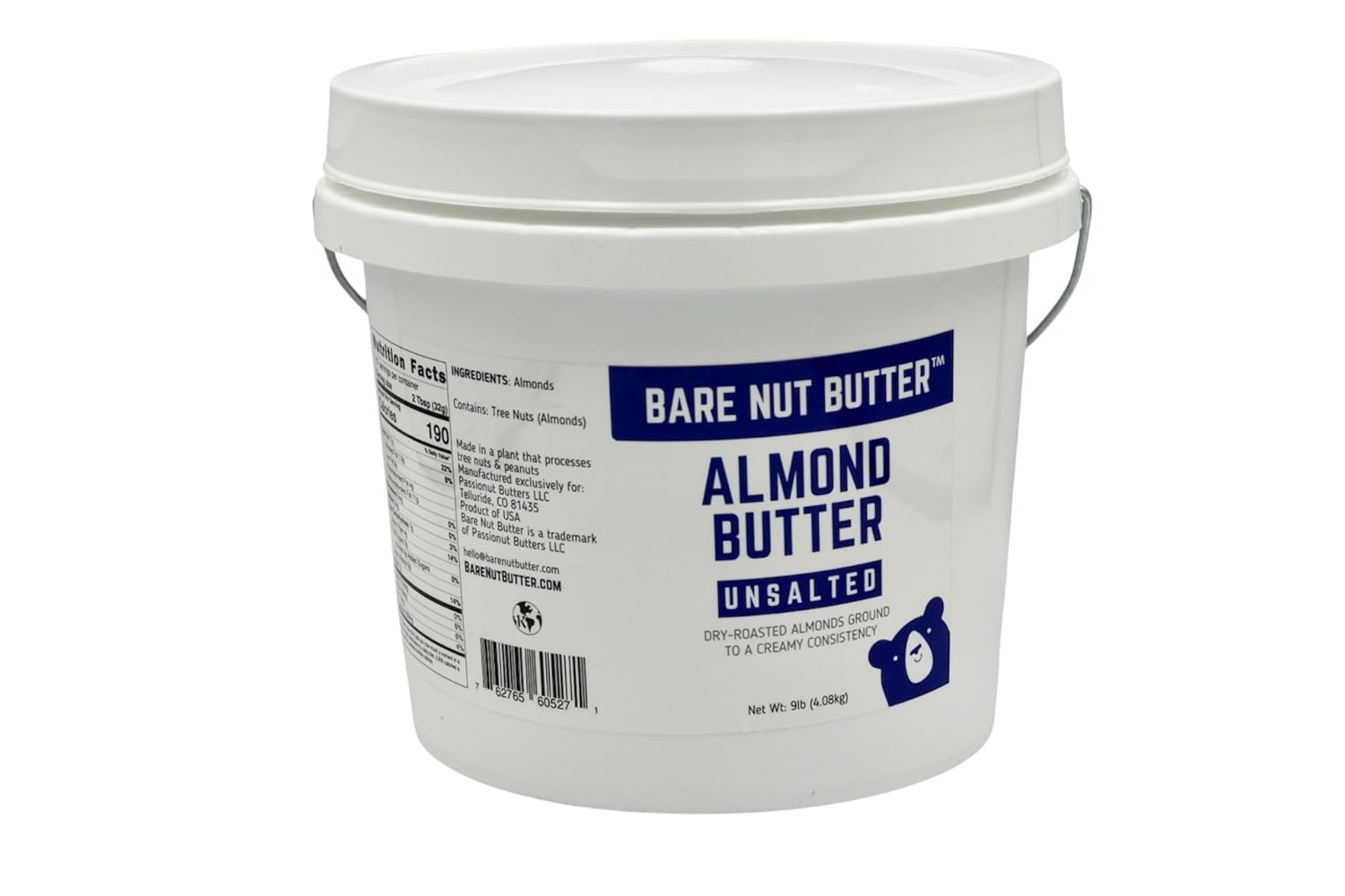 Bare Nut Butter Unsalted Almond Butter, Creamy – Dry Roasted California Almonds, 100% Natural, No Added Oils, No Added Sugars, No Preservatives Bulk 9 lb Pail (Same as 9 1lb Jars) (1)