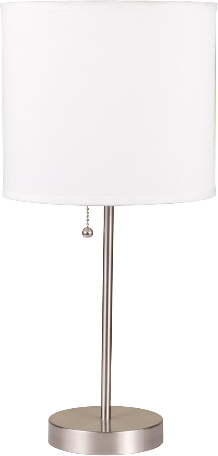 ORE SH-8312D, International Brushed Steel Table Lamp with Fabric Shade, 19" H, White
