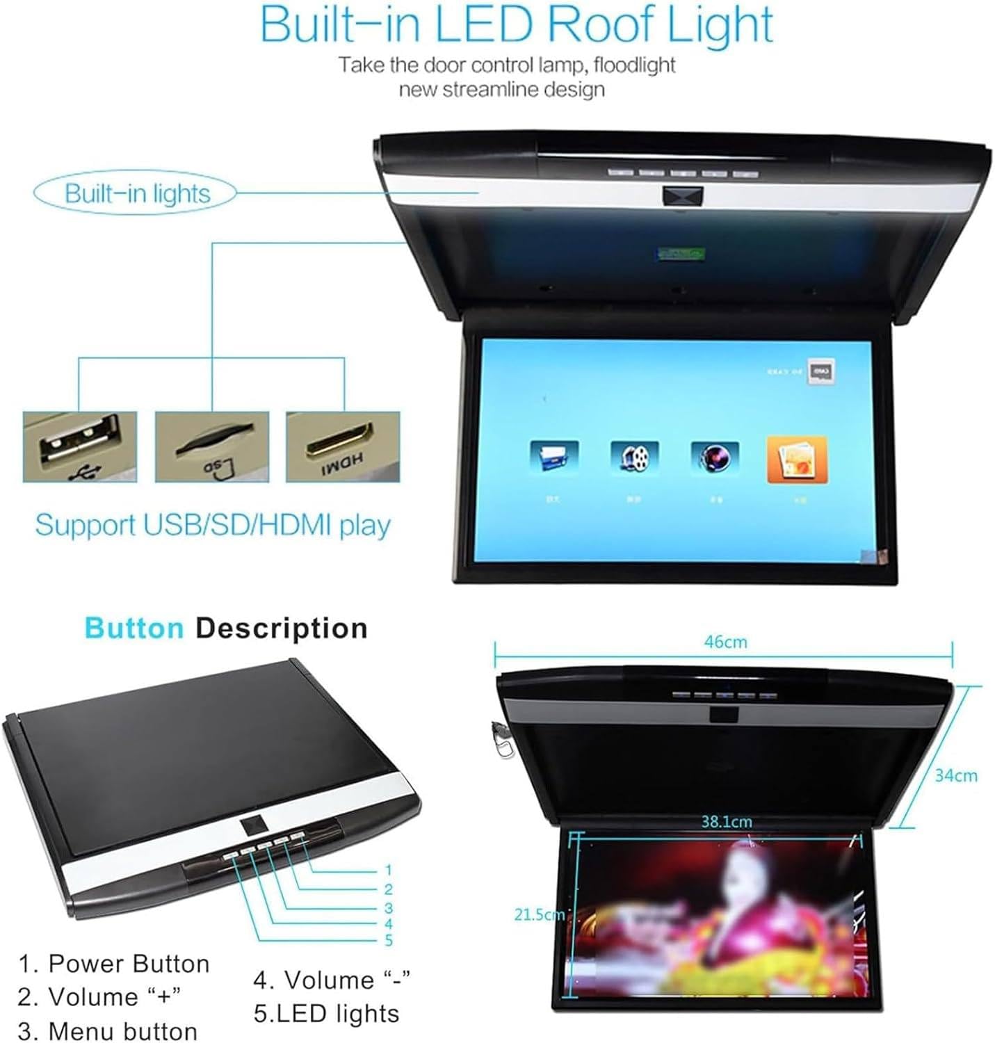 Reproductor de Techo para Automóvil, Montaje en el Techo Monitor Abatible hacia Abajo, 17.3In IPS 1080P WiFi Bluetooth Monitor de Automóvil Abatible hacia Abajo Soporte Android Hdmi AV FM USB,Black