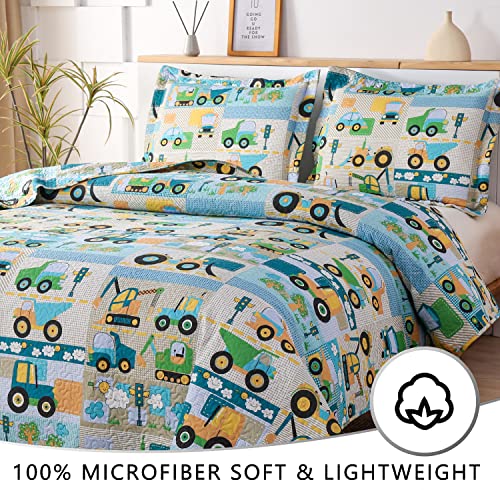 Kids Quilt Set Twin Size, 3-Piece Lightweight Children Bedding Coverlet Reversible Bulldozer Excavator Car Taxi Van Bus Vehicles Design Bedspread With Matching Shams #TOP1