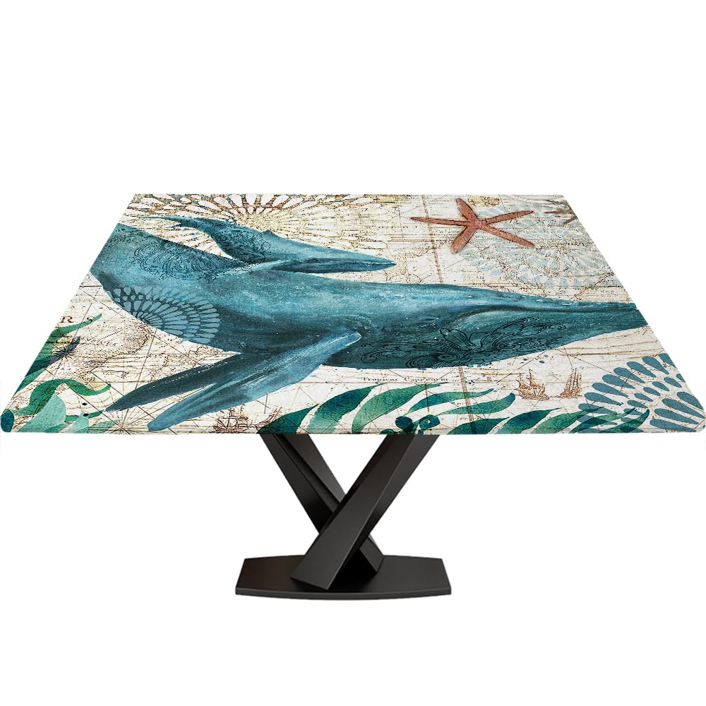 Sea Turtle Ocean Animal Square Fitted Tablecloth with Elastic Edge Fit Square Table, Waterproof Washable Table Cover for Dining Kitchen Party Indoor Outdoor Patio, Fitted for 32