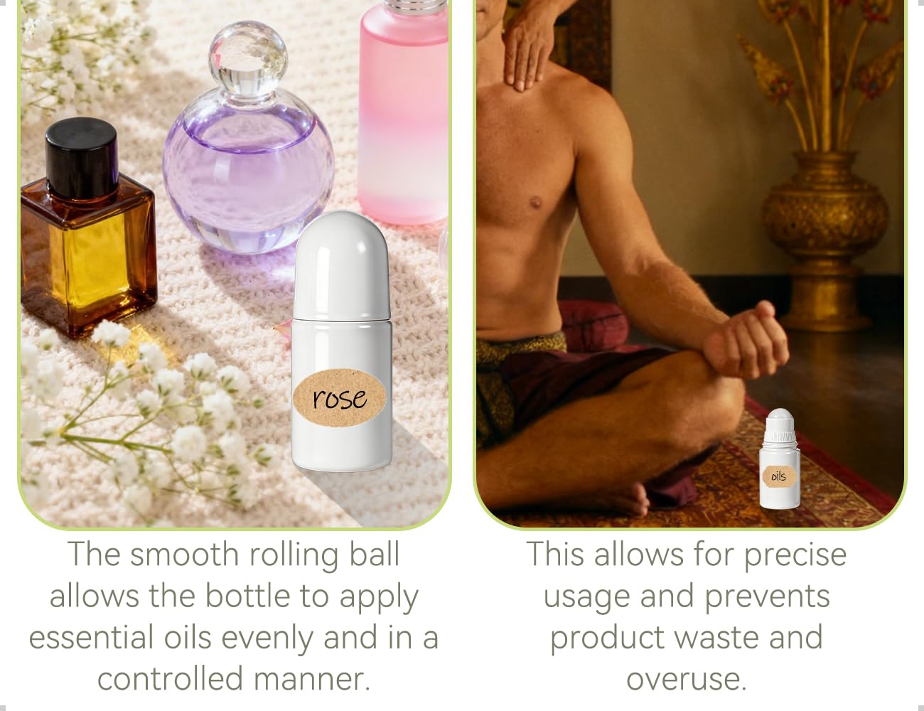 Paquete de 4 Frascos Roll-On Rellenables de Plástico con Etiquetas Adhesivas Para Aromaterapia, Aceites Esenciales, Perfumes y Viajes (Blancos, Redondos, 50 ml)