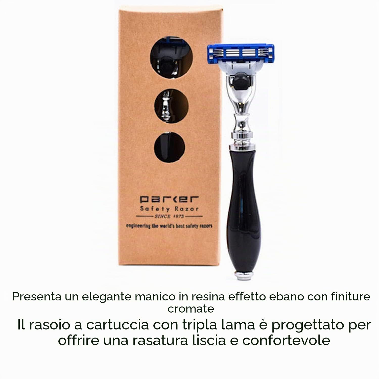 Parker Deluxe Mach3 - Rasoio compatibile, manico cromato in resina nera | Manico in resina nera con finiture cromate; compatibile con cartucce Gillette Mach3 e include una cartuccia a tripla lama