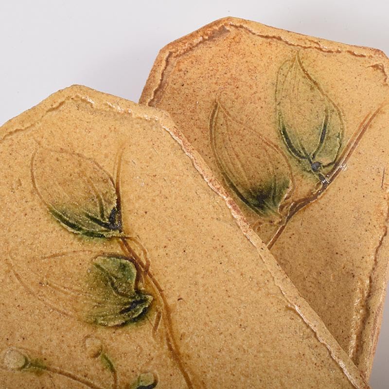 和食器　りんどう窯　小松幸代作　黄瀬戸　草文　長方皿　五客　共箱　D　R8175 和食器 りんどう窯 小松幸代作 黄瀬戸 草文 長方皿 五客