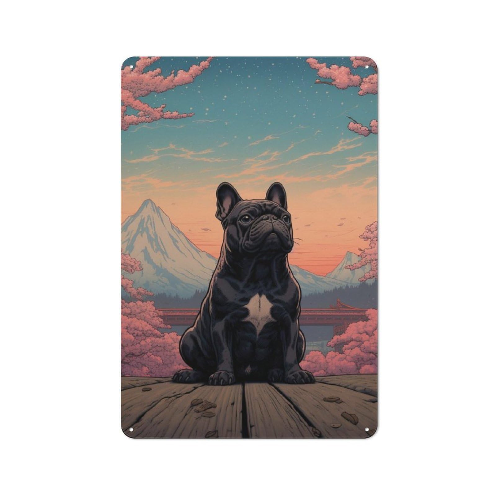 Junmoney French Bulldog Mount Fuji Metal Plaque 30X20cm With For Garage Wall, Retro Decor, For Themed Interiors In Garages And Workshops