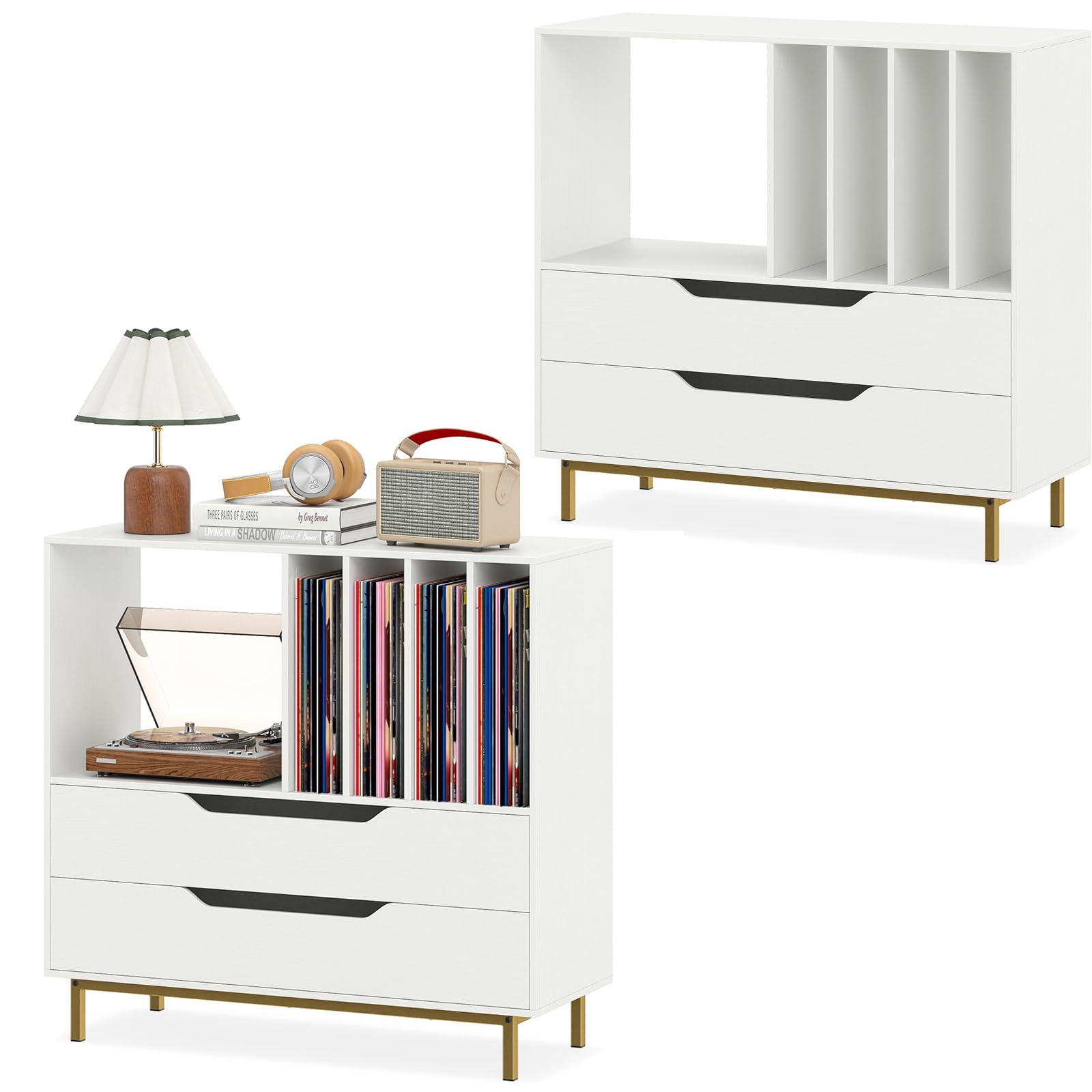 KOMFOTTEU Mueble para Tocadiscos con Compartimento Abierto y 2 Cajones, Soporte de Discos de Vinilo con Patas de Metal, Expositor para Discos para Dormitorio, Salón, Estudio, 91 x 36 x 87 cm (Blanco)