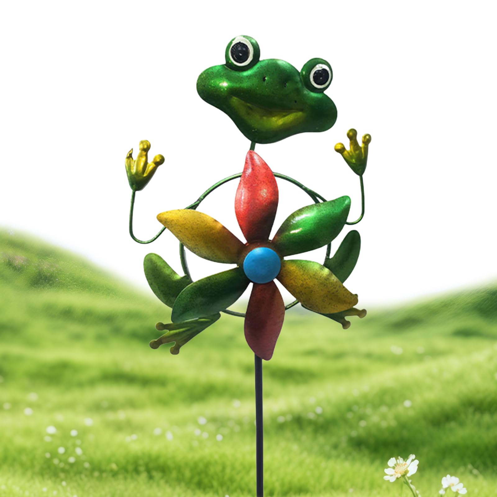 Garden Wind Spinner with Metal Stake, 2D Flat Design Colourful Pinwheels Garden Ornament for Outdoor – Weatherproof Frog Ground Stakes for Front Porch, Backyard Lawn & Flower Bed