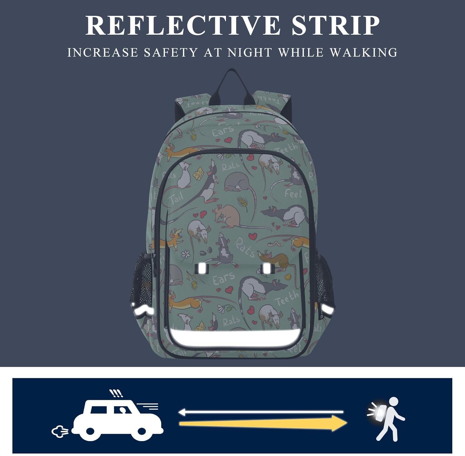 Cute Rat Cartoon Backpack Girls Boys Elementary School Bags Bookbags Laptop Backpack Travel Daypack Safe Reflective Stripes