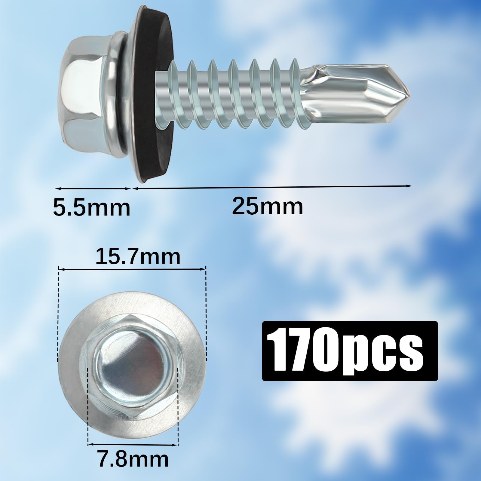 170PCS Roofing Screws with Rubber Washers 5.5x25mm Hex Head Self Tapping Screws Tech Screw for Metal Zinc Plated Corrugated Roofing Cladding Steel Screw for Tin Roof - Image 2