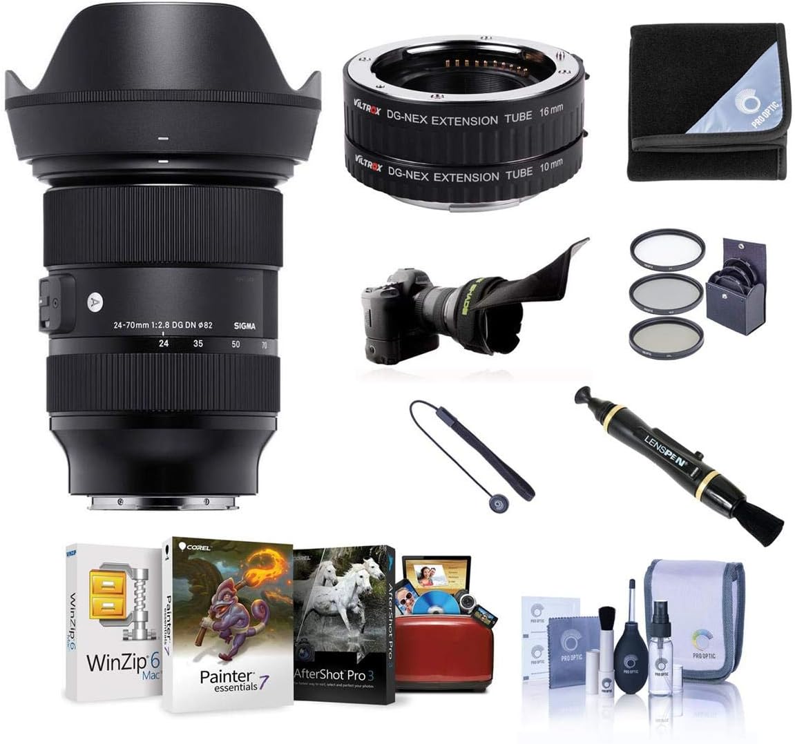 Sigma 24-70mm F2.8 DG DN Art Lens for Sony E, Bundle with ProOptic 82mm Filter Kit, Flex Lens Shade, DG-NEX Tube Set, Lens Wrap, Cleaner, Lens Cap Tether, Cleaning Kit, Mac Software Kit