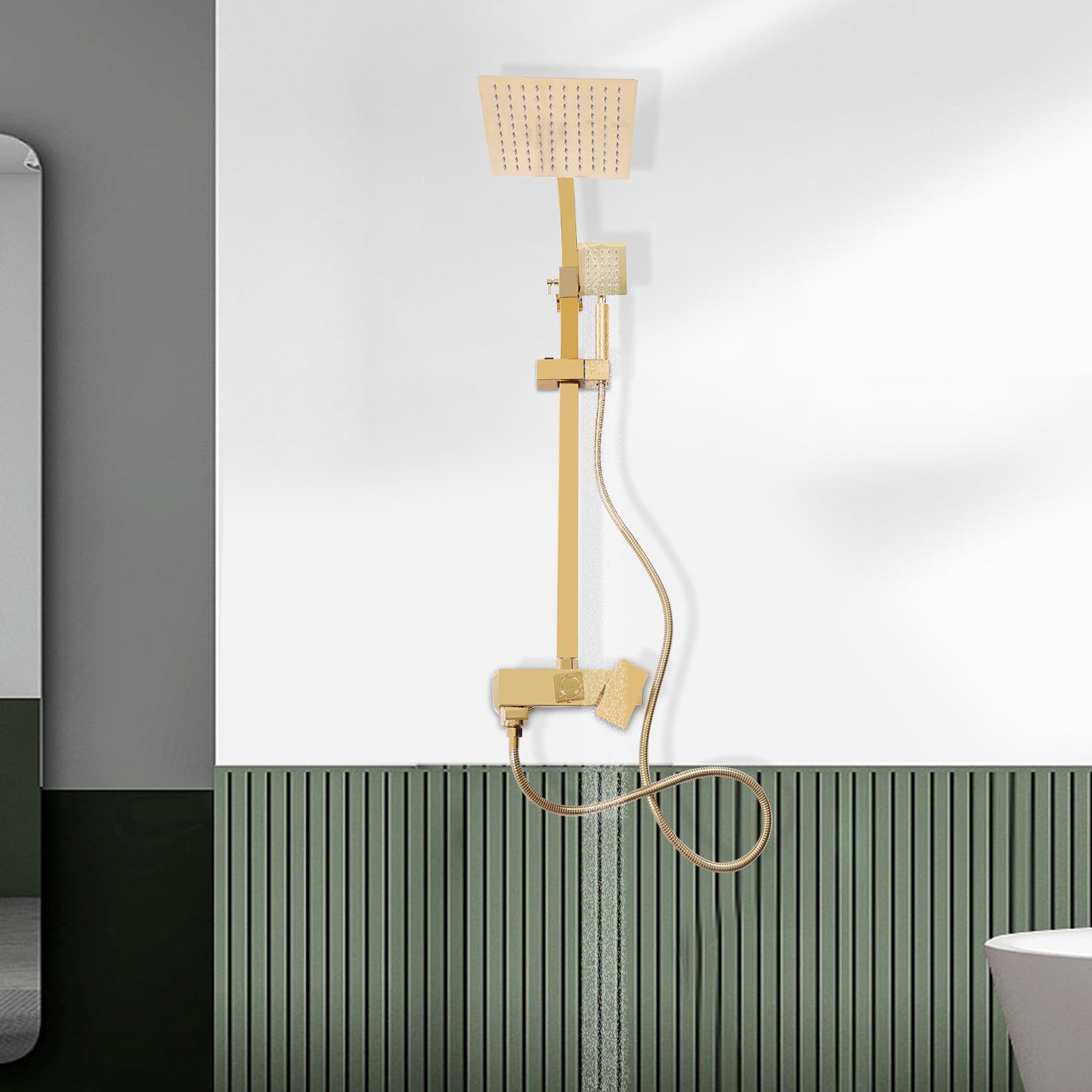Set doccia in rame in acciaio inox dorato con altezza regolabile (80 – 113 cm) e 2 soffione doccia (pioggia/doccetta) – antiruggine, valvola in ceramica, anti-scottatura, facile da installare per