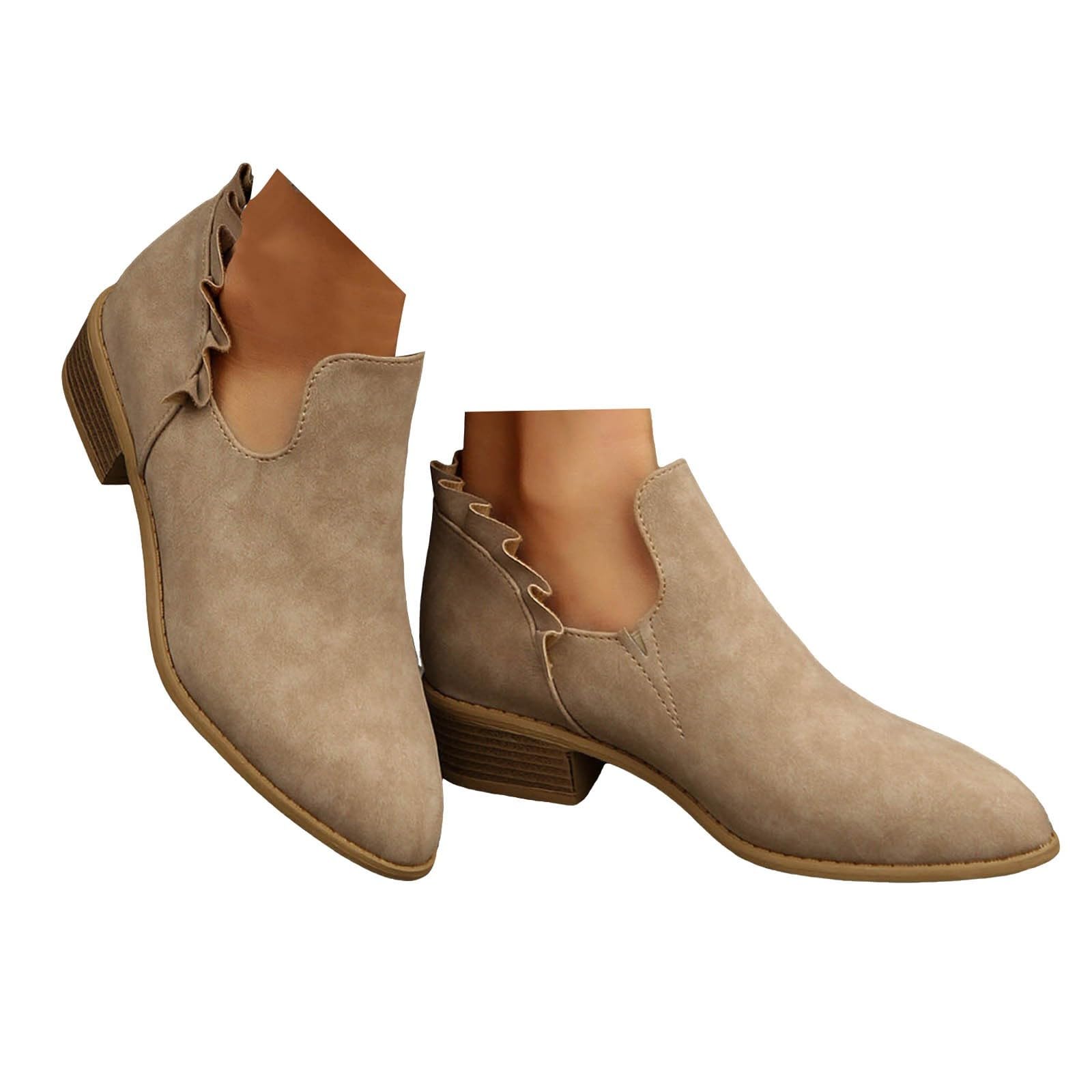 Womens Fall Cutout Booties Short Chunky Stacked Heel Ruffle Slip On Dress Short Boots Shoes Comfortable Ankle Boots