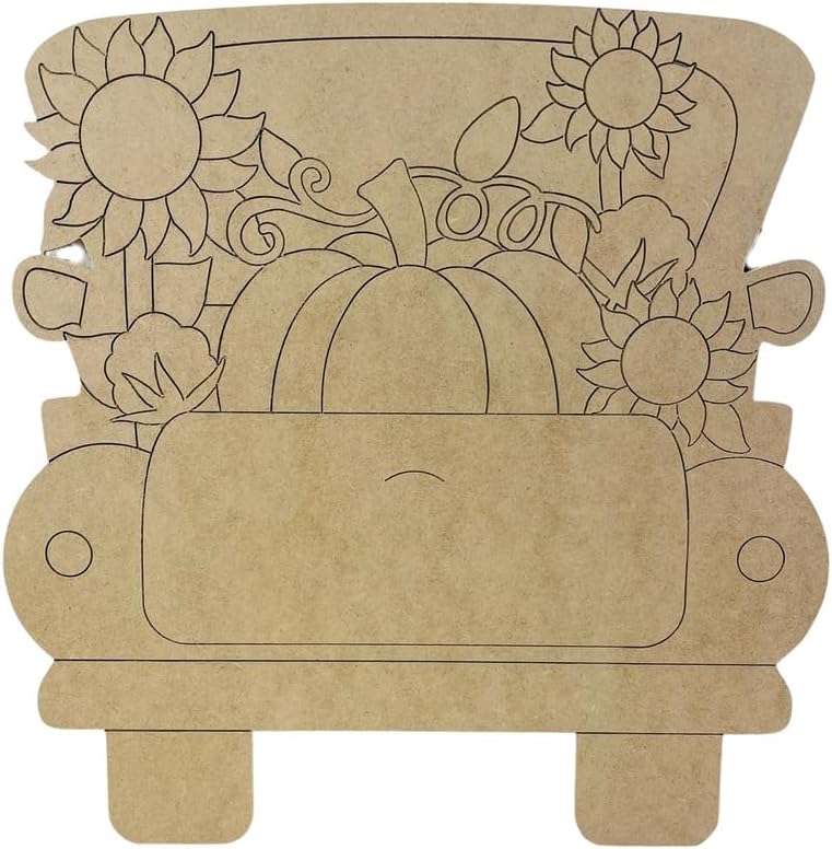 Fall Truck with Pumpkin, Sunflowers and Cotton, Fall Shape, Unfinished Wood Cutout, Paint by Line, Build-A-Cross