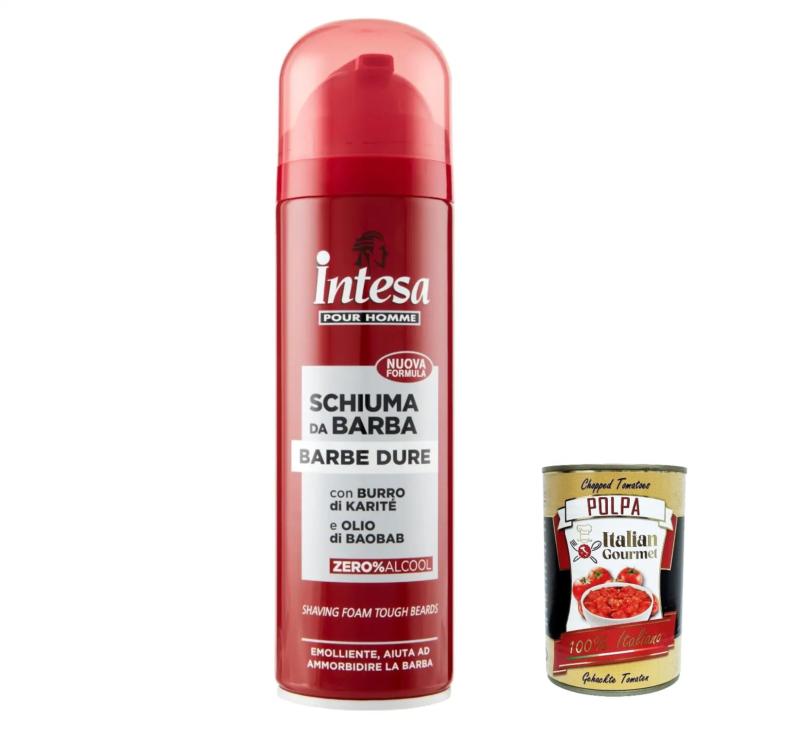 Intesa Shaving Foam Barbe Dure, 12 unidades, 300 ml, espuma de afeitar para hombres con manteca de karité y aceite de baobab + Polpa italiana Gourmet 400 g
