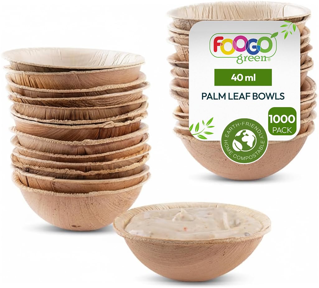 FOOGO Green 1000pcs Disposable Mini Palm Leaf Bowls, 2.75" (7cm) Round, 40ml (1.4oz) Mini Sauce & Snack Pots, Ketchup Mayo Pots, Eco-Friendly Biodegradable, Like Bamboo and Paper Bowls