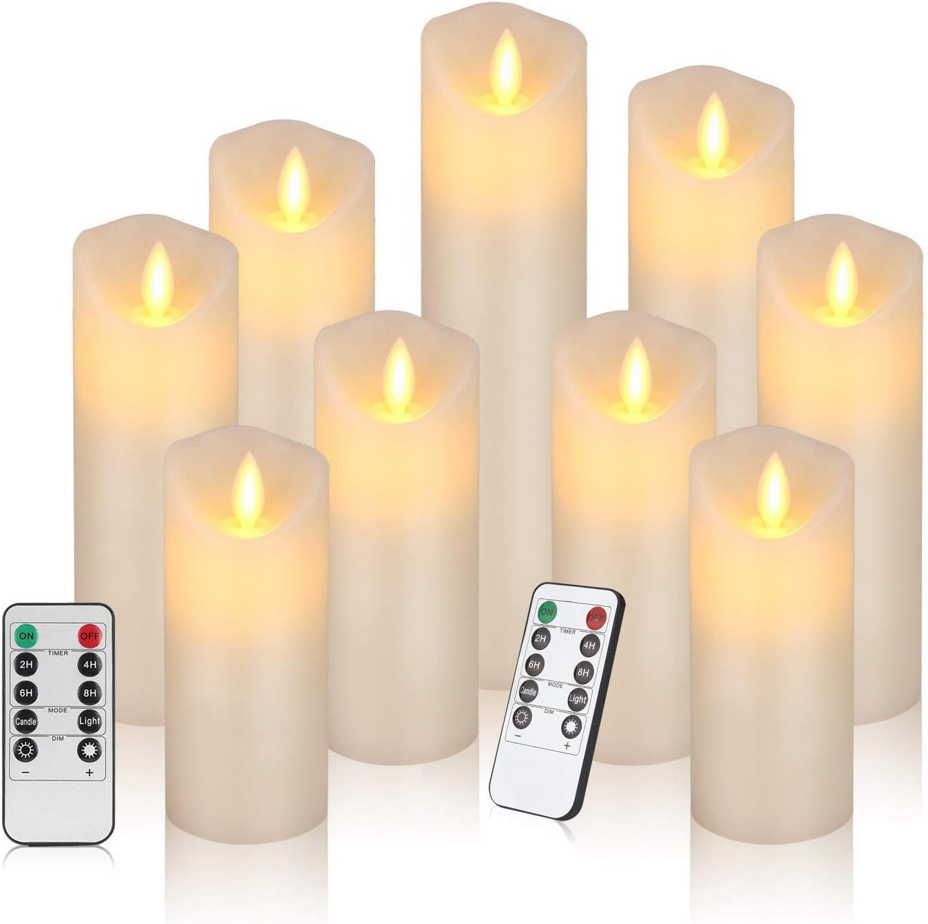 HANZIM LED Candles,Flameless Candles Φ 2.2" x H 4"/5"/6"/7''/8''/9'' Real Wax Battery Candle Pillars, 10 Key Remote Control with 24 Hour Timer Function (Ivory) (1 * 9)