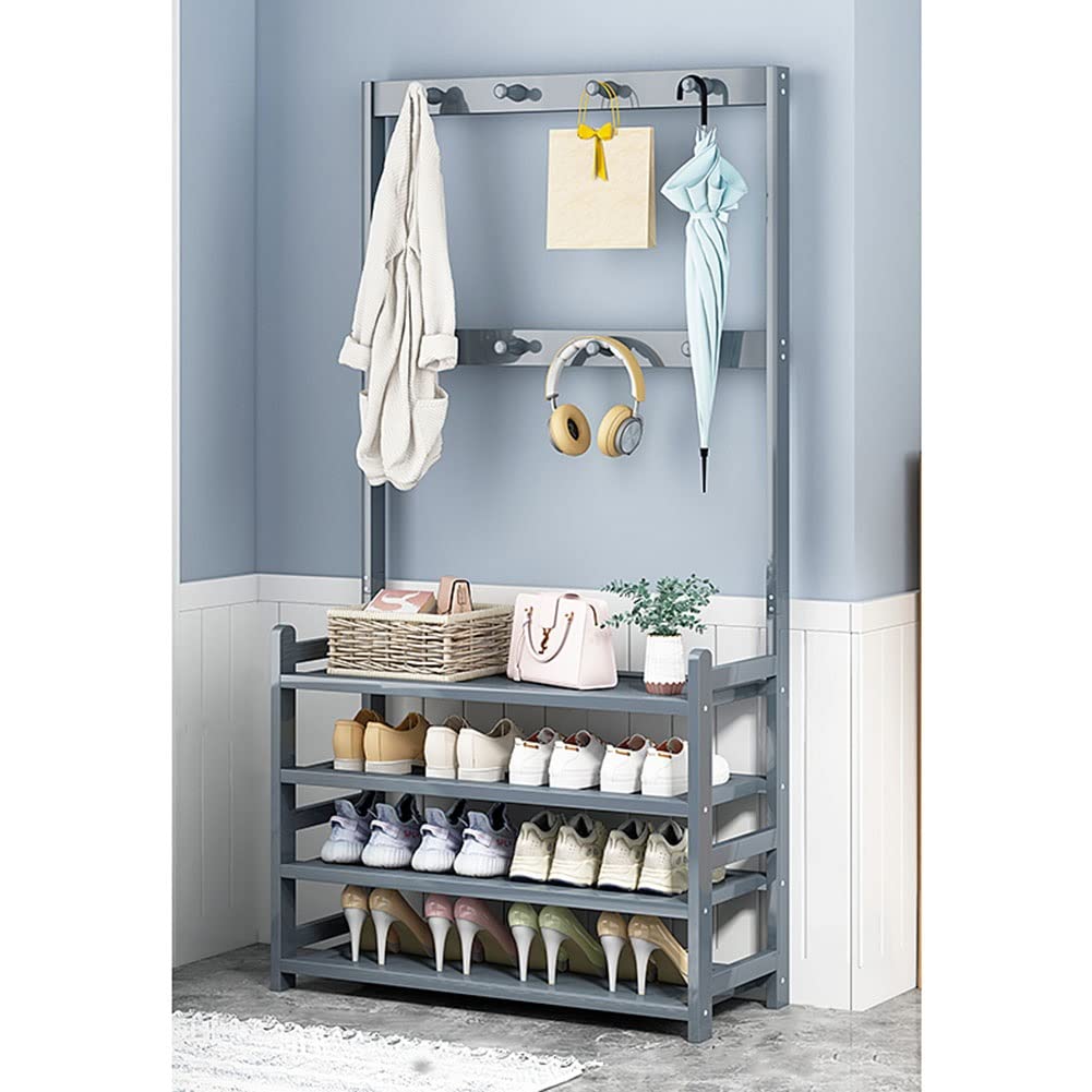 GDMDPTE Stylish 3-in-1 Coat Rack with 4-Tier Shoe Storage Bench - Freestanding Entryway nizer Wooden Hallway Hanger with Double Hooks Grey Mudroom Furniture