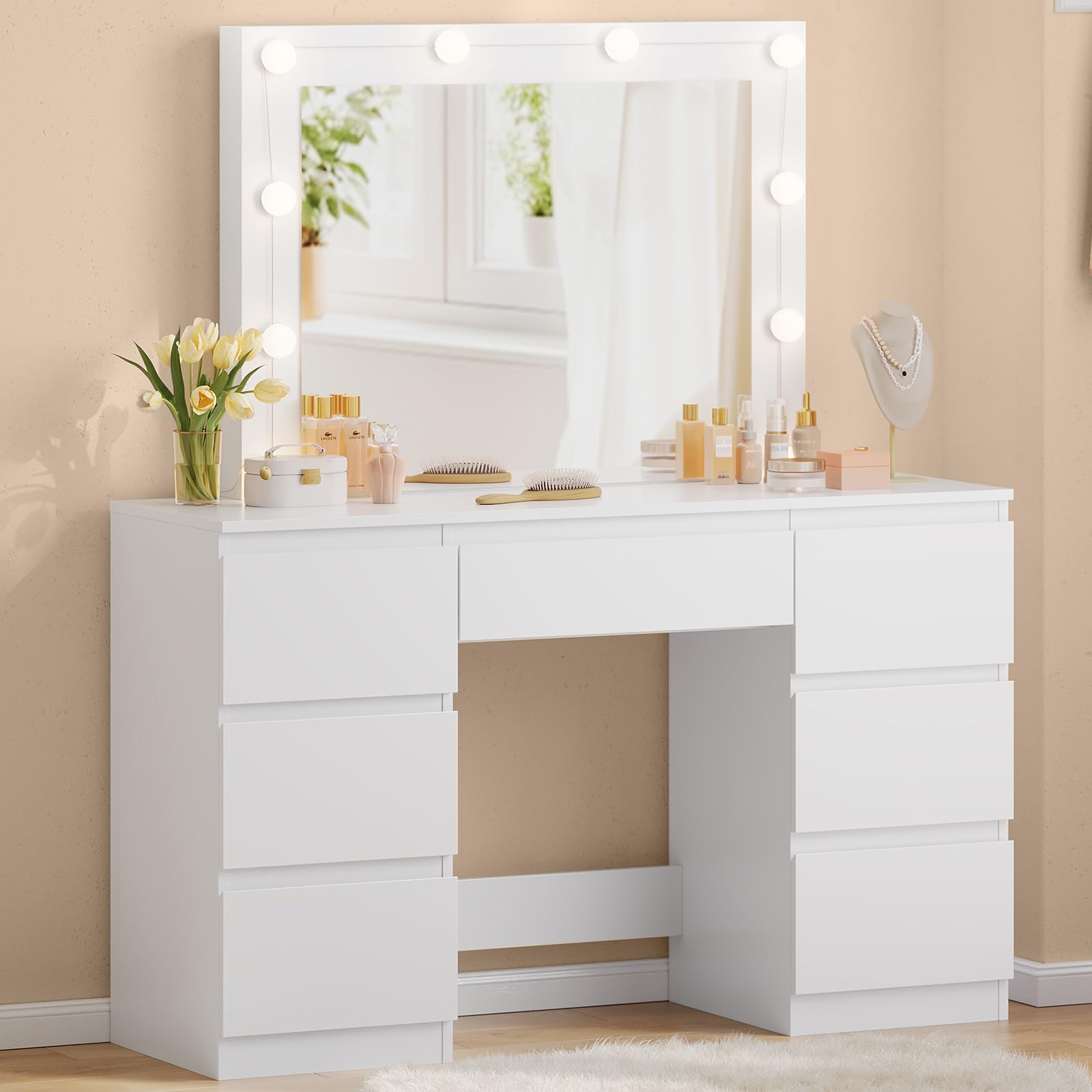 WOLTU Grande toeletta da trucco, Toeletta con Specchio e Luci, Tavolo da trucco con specchio, Postazione Trucco con 7 cassetti per Camera da Letto, bianco, 107 cm