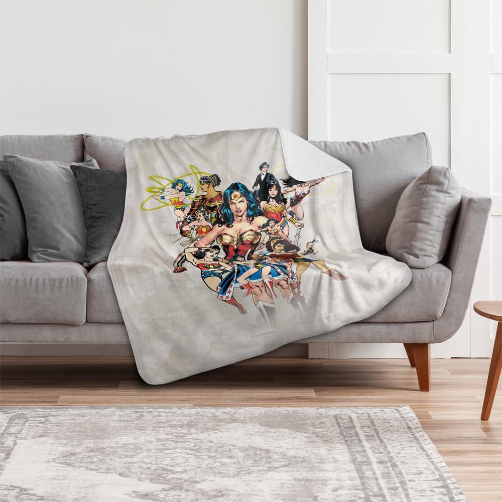 Wonder Woman 75th Collage Silky Touch Sherpa Back Super Soft Throw Blanket