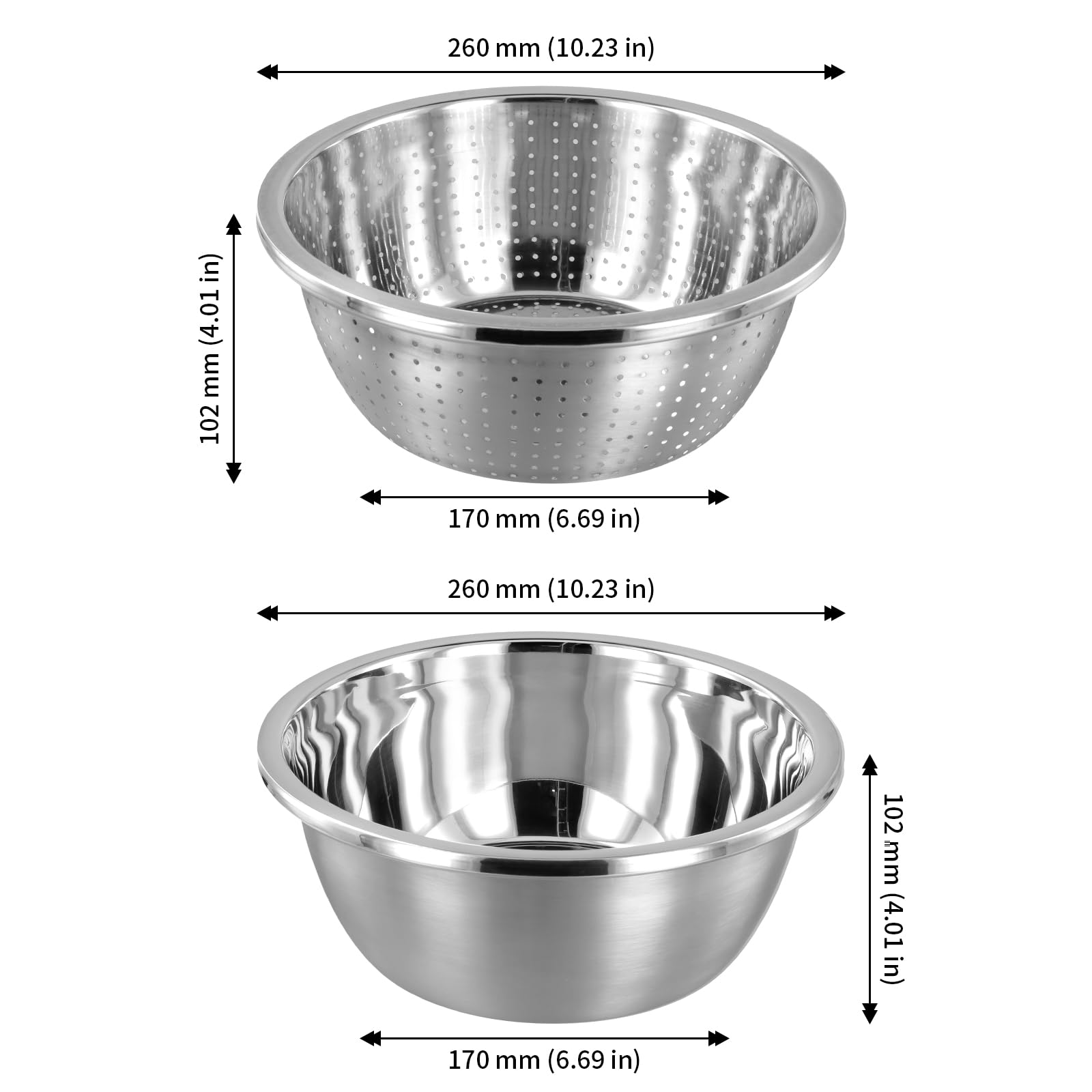 Set di 4 Colino e Ciotola in Acciaio Inox 26 cm, Scolapasta Impilabile per Riso Pasta e Verdure, Argento