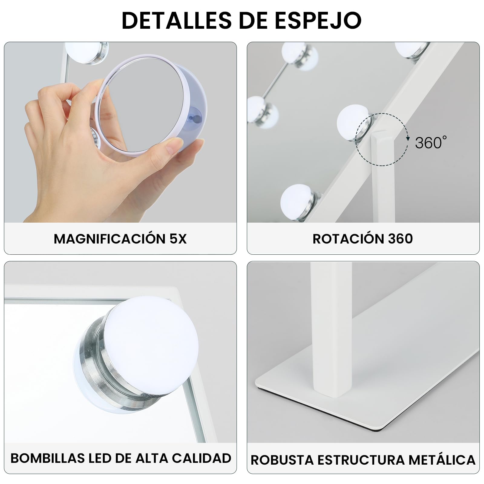 Dripex Espejo Maquillaje Mesa 48x36 cm – 12 LED 360° | 3 Colores de Luz, Brillo Ajustable, Giratorio 360°, Lente 5X Incluida, Superficie 30x41 cm, Ideal Casa o Oficina