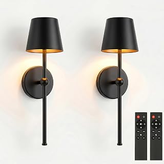 Battery Operated Wall Sconces Set of 2, All-Metal Rechargeable Wireless Wall Sconces with 5200mAh Battery, Remote Control, Modern Matte Black Cordless Wall Lights for Bedroom Living Room Hallway Decor