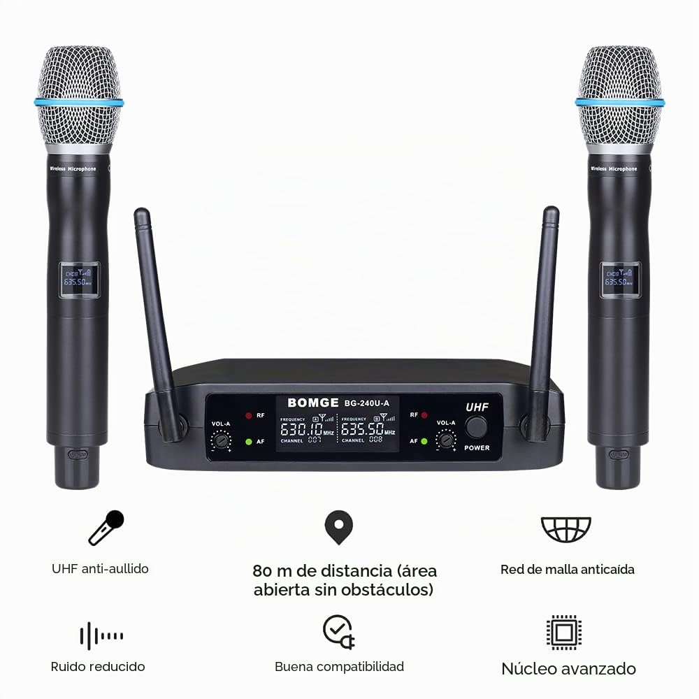 BOMGE UHF - Micrófonos inalámbricos de Mano duales de Metal y Sistemas para Karaoke, Canto, reunión, Fiesta, Iglesia, DJ, Boda, 200 pies (240U)
