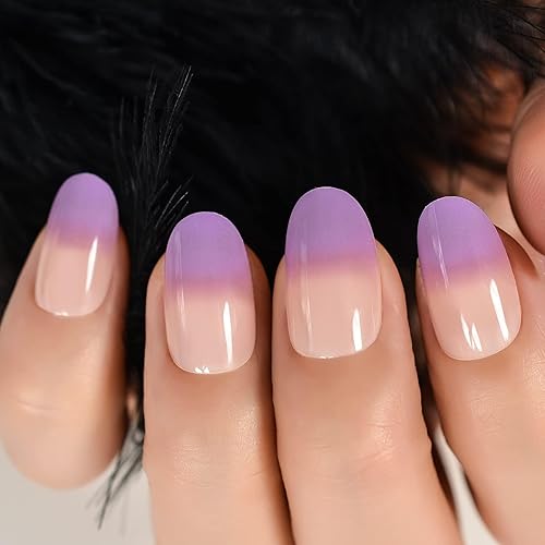 Miniatura 4 de IKISKT Uñas postizas a presión, uñas postizas ovaladas francesas de color morado degradado, pegamento de gel UV en acabado de uñas postizas, uñas