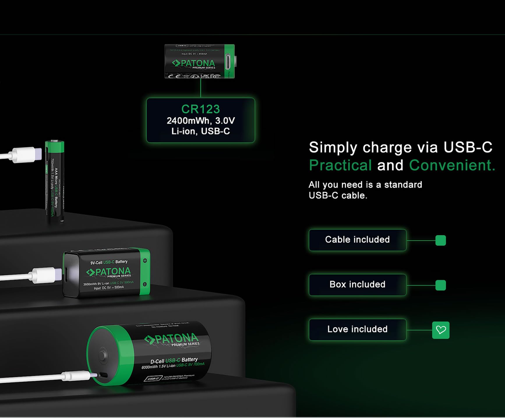 PATONA 8 x USB-C Premium CR123A, akumulator 2400 mWh 3,0 V, do ponownego ładowania, kabel do ładowania 1 na 2 USB C – długa żywotność ponad 1000 cykli ładowania do aparatów, pilotów, latarek