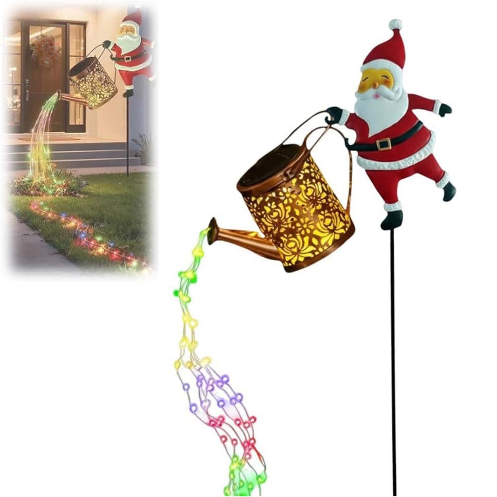 Christmas Solar Kettle Lights Garden Lawn Decorative Lights, Hanging Metal Solar Santa Claus Watering Can with LED Light, Waterproof Outdoor Decorative Lantern, for Pathway Patio (1pc)