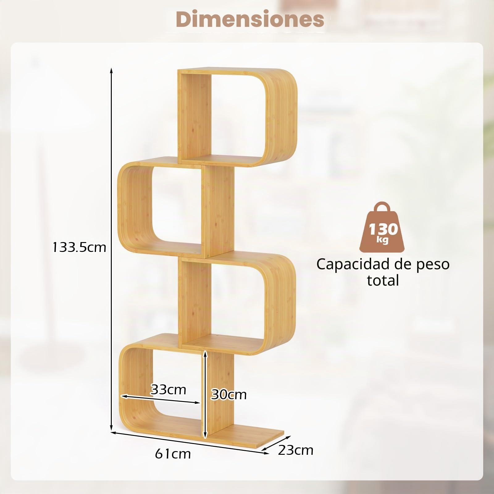 GIANTEX Estantería de Almacenamiento de Bambú con Esquinas Redondeadas, Librería en Forma de S con 4 Cubos Abiertos, 61x23x133,5 cm, Estantería de Exposición para Salón, Dormitorio (4 Niveles)