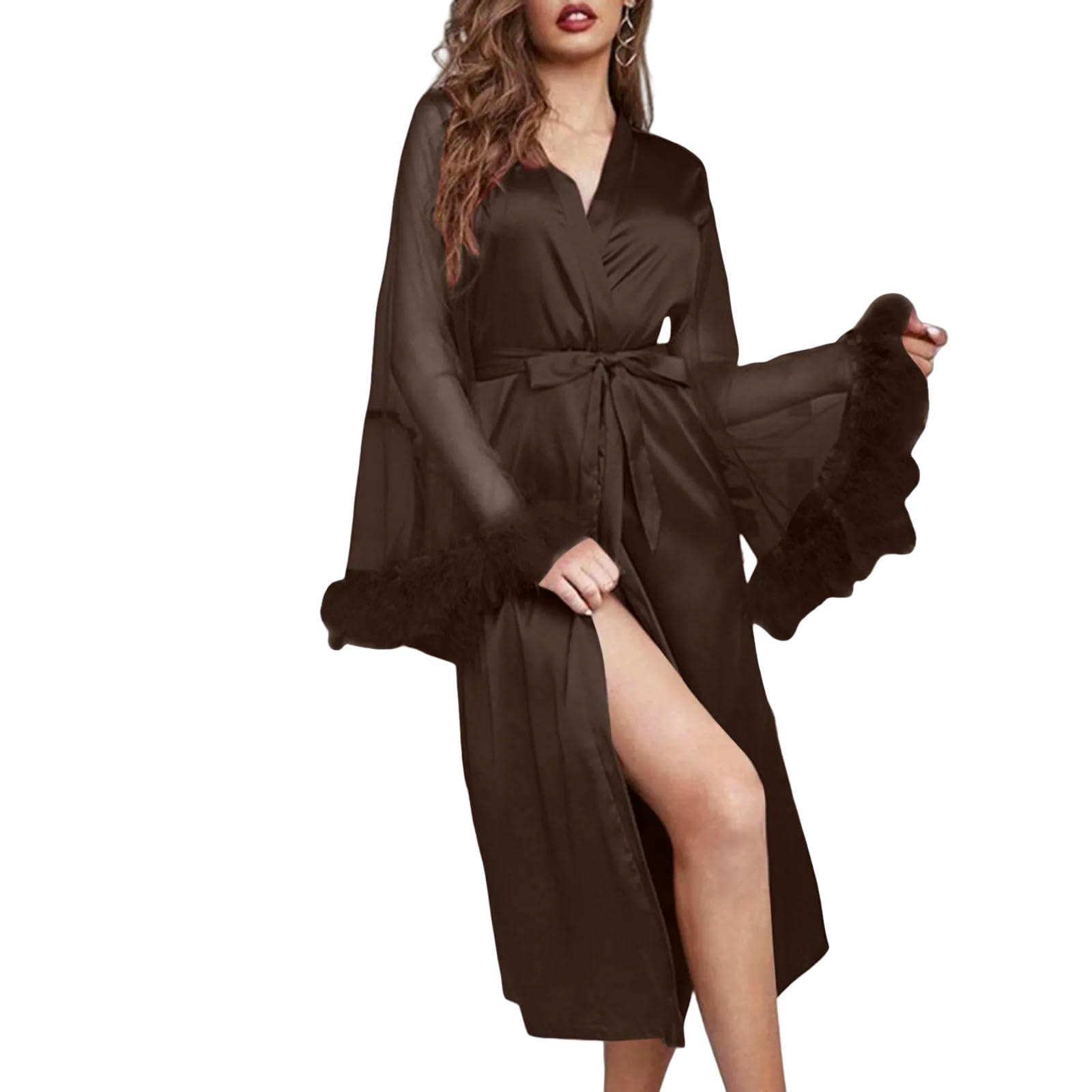 Accappatoio Donna Abito da Sposa Femminile con Rifinitura in Pizzo Feste di Nozze Kimono Abiti Raso Morbido Che Ottiene-Blu-l