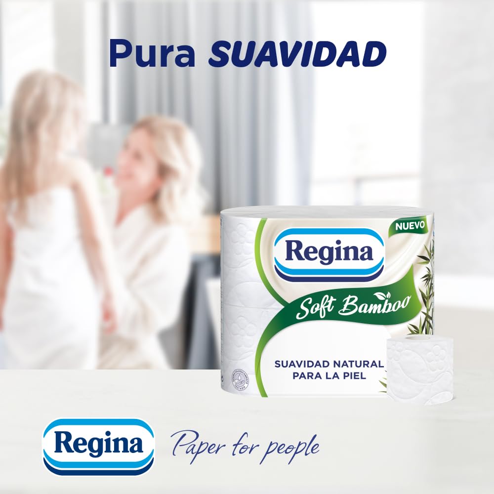 Regina Soft Bamboo - 8 Rollos de Papel Higiénico 3 Capas, 160 Hojas, Suavidad Natural para tu Piel, fabricado con Fibras de Bambú, Envase de Papel, Certificación FSC