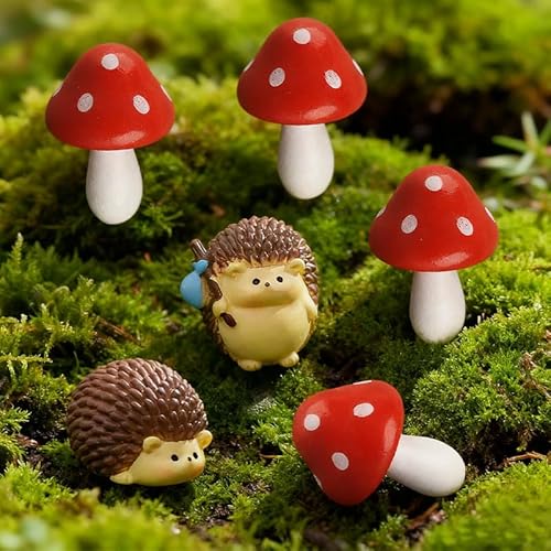 6 PCS Fairy Garden Ornaments Set, Resin Hedgehogs and Wooden Mushrooms Decor for Outdoor Plant Pots, Bonsai and Miniature Landscape