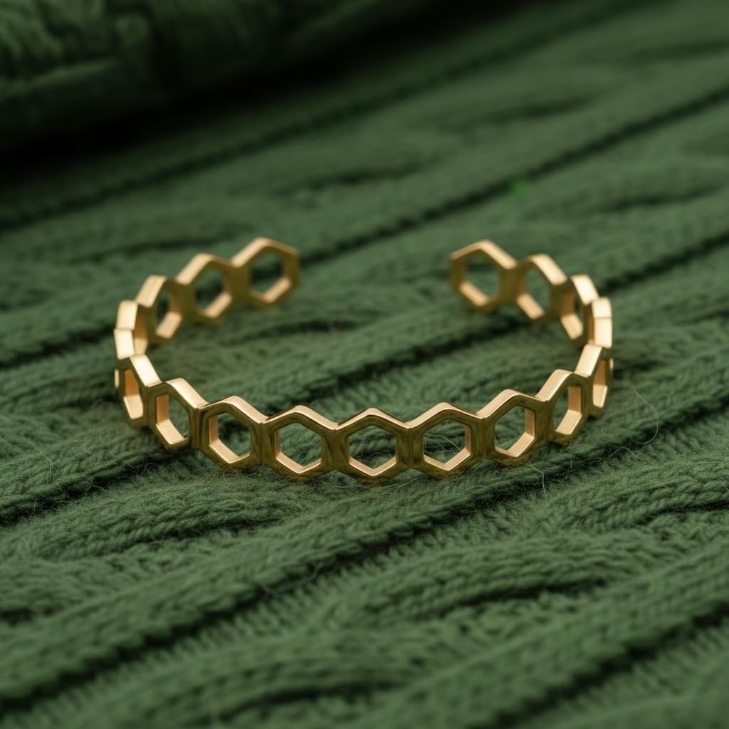 18K Yellow Gold Plated over Stainless Steel Hexagon Cuff Bracelet, Open Bangle, Geometric Honeycomb Design, Women's Jewelry, Tarnish Resistant