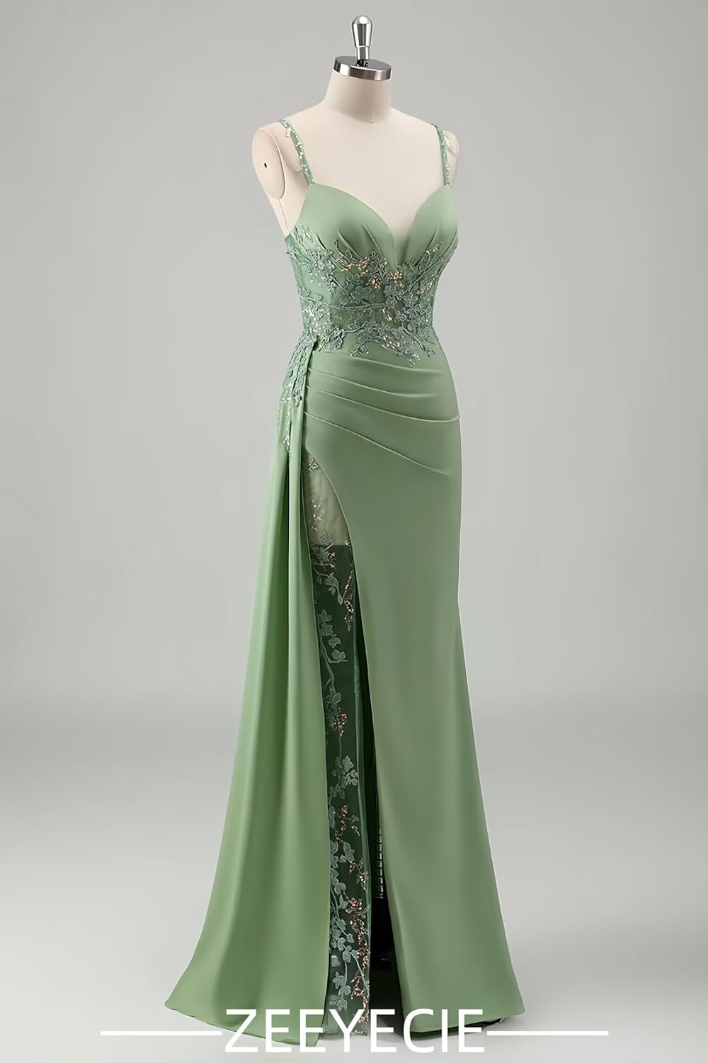 Zeeyecie V-Neck Satin Prom Dresses Mermaid Lace Applique Spaghetti Straps Sparkly Evening Formal Ball Gowns with Slit - Image 4