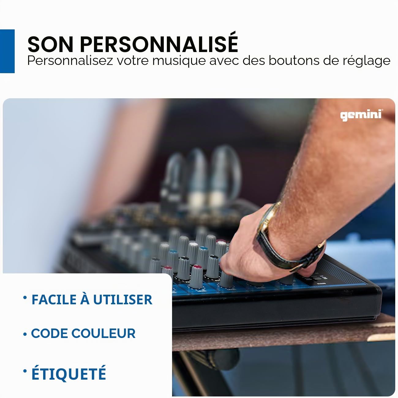 Gemini Sound GEM-08USB - Table de Mixage Analogique Compact à 8 Canaux comprenant 2 Canaux Micro, EQ de Bande 3, Lecture USB à partir de Périphériques USB et en Streaming Bluetooth