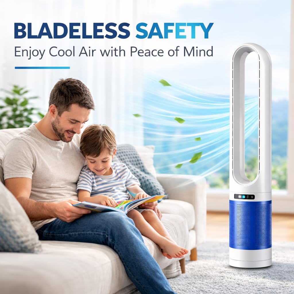 41" Bladeless Tower Fan with Air Filter, 80° Oscillating Standing Fan with Remote Control, 8 Speed Settings, 8H Timer, LED Display Quiet Cooling Fan for Bedroom, Living Room, Office,Blue/White