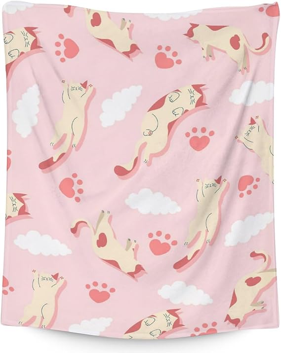 Cat Blanket Gifts - 60"x80" Cute Throw for Kids & Adults - Pink Soft Fuzzy Blankets for Bed, Couch & Living Room