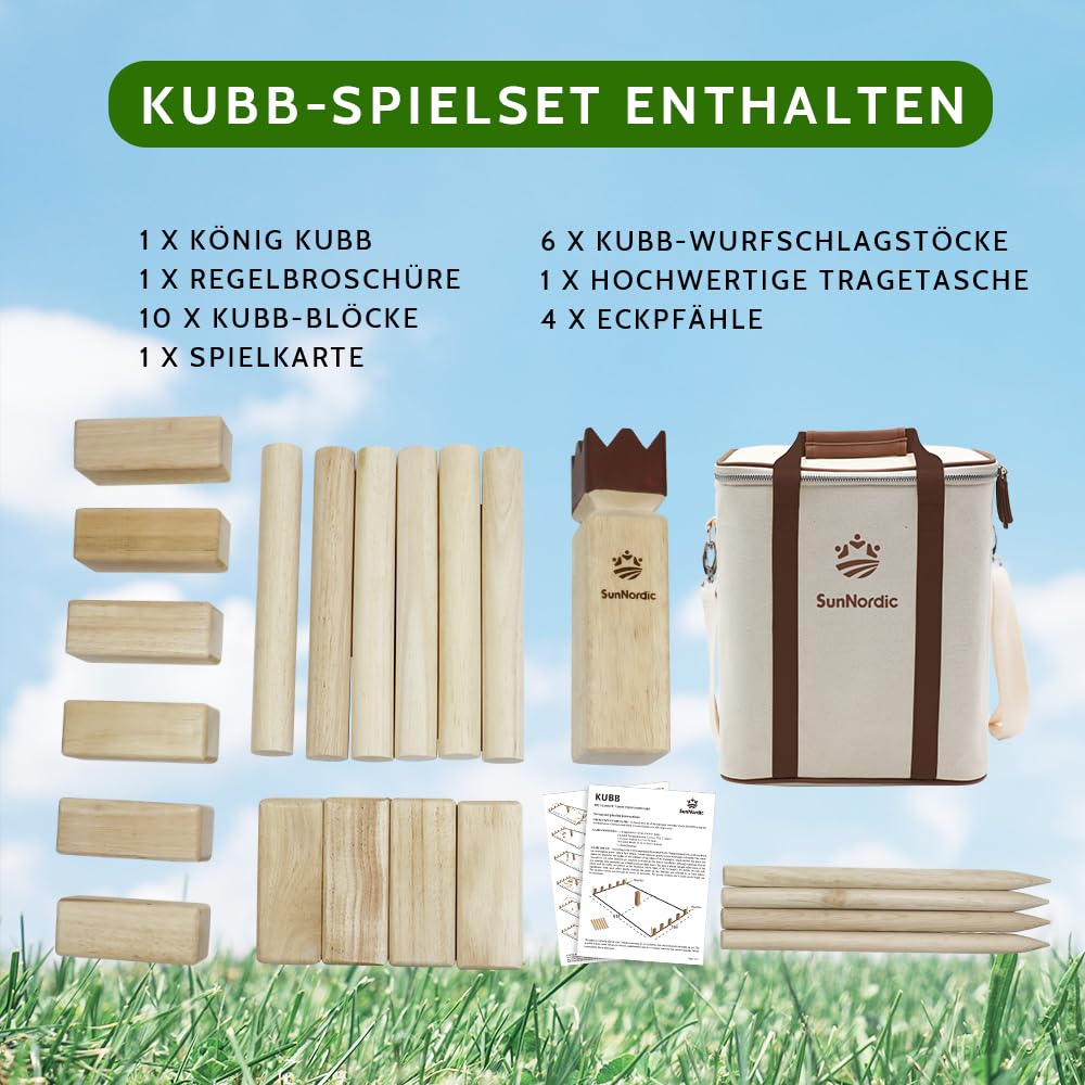 SunNordic Kubb Juego de Lanzamiento Vikingo, Juego de ajedrez Sueco Hecho de Madera de Caucho de, Incluye Bolsa de Lona e Instrucciones de Juego, Juego Robusto de Kubb Yard para niños y