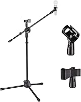 Vista 13 de AW Soporte de brazo de micrófono con clips de micrófono duales, trípode ajustable, soporte de teléfono para rendimiento, canto, boda, escenario y al