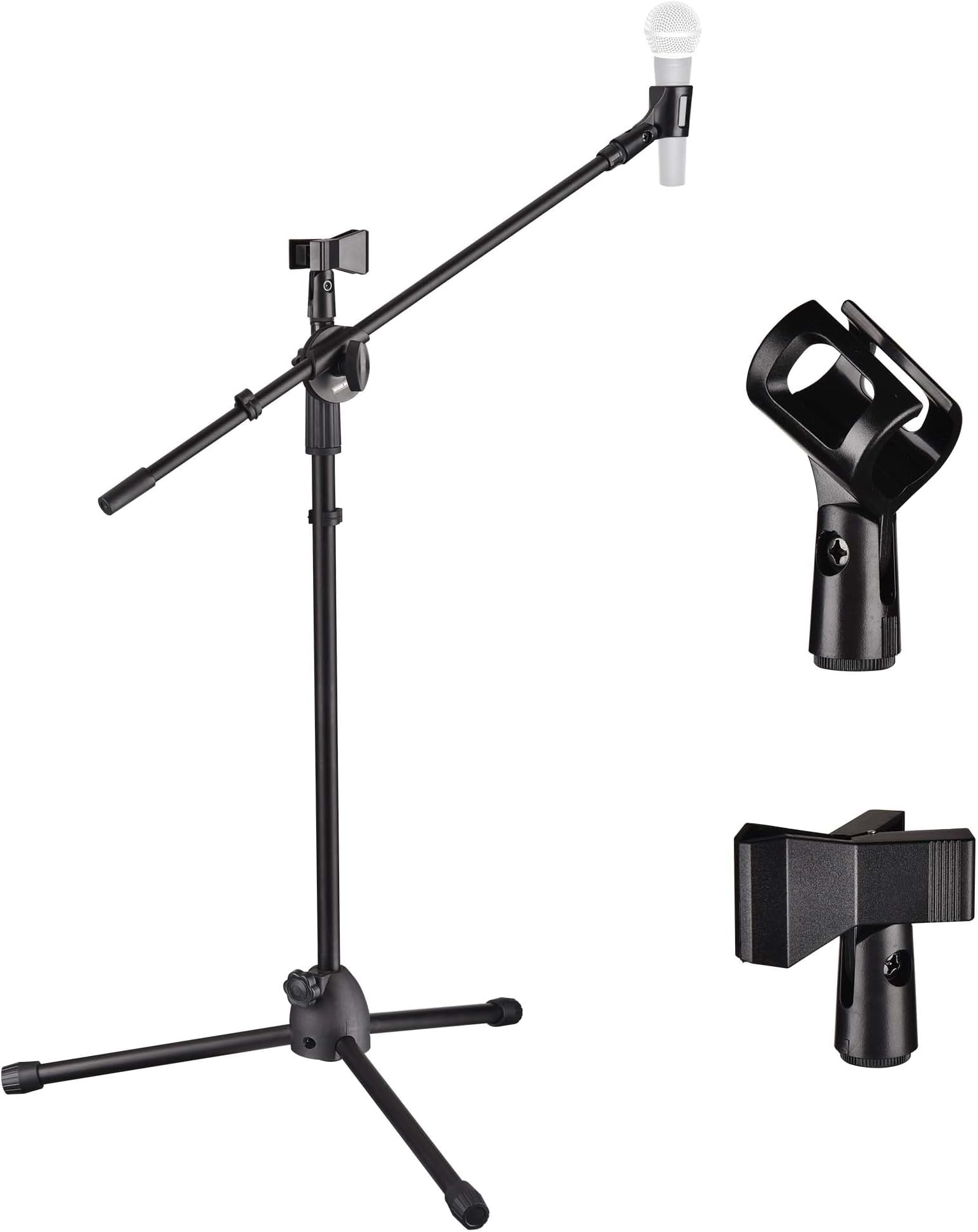 AW Adjustable Height Tripod Boom Microphone Stand Floor Dual Mic Clip Holder 90-degree Rotating Folding Type Boom Arm Tripod for Live Stream Stage