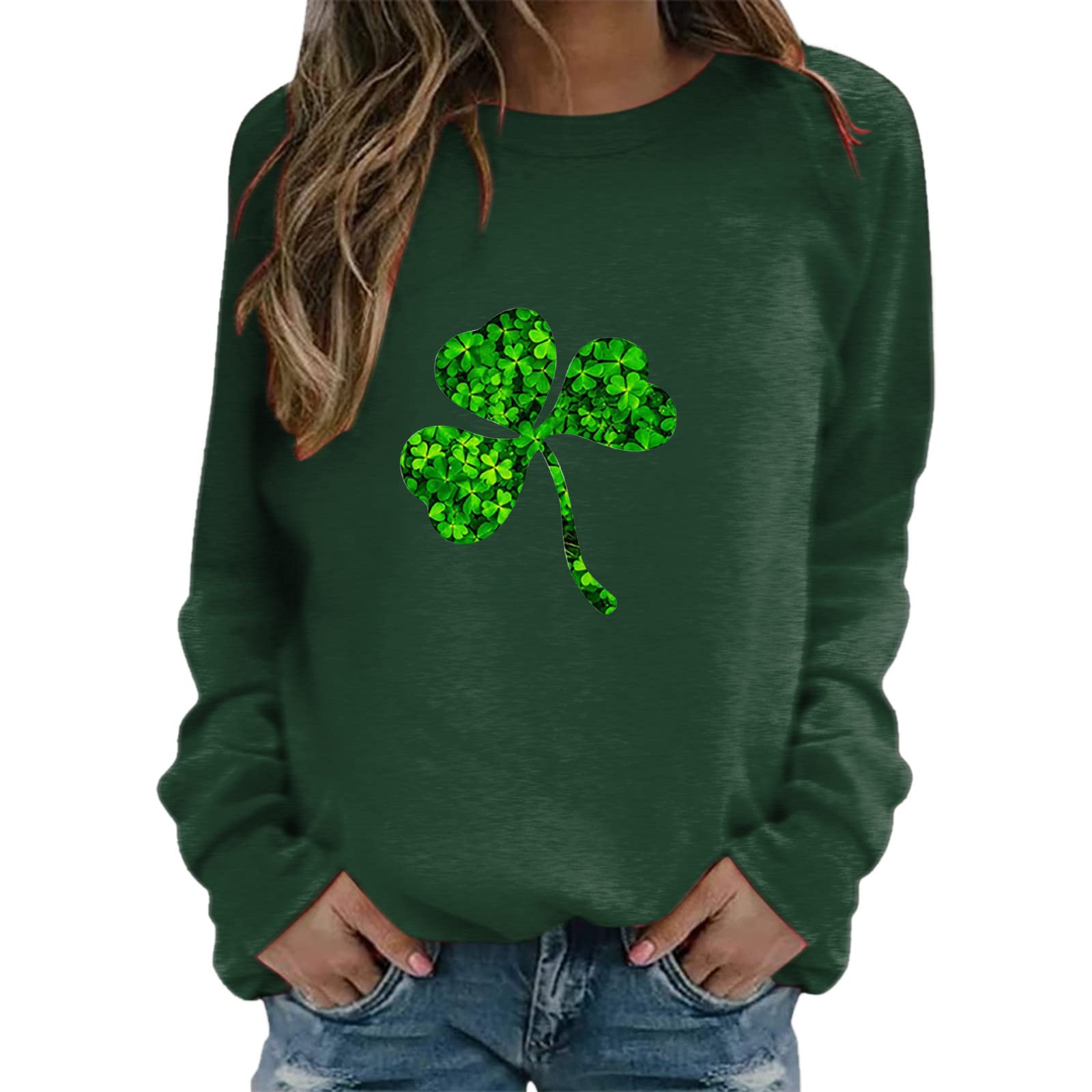 Womens Sweatshirt St. Patricks Day Jumper Lightweight Irish Clover Print Green Tunic Tops Long Sleeve Crew Neck Pullover Holiday Oversized T-Shirts