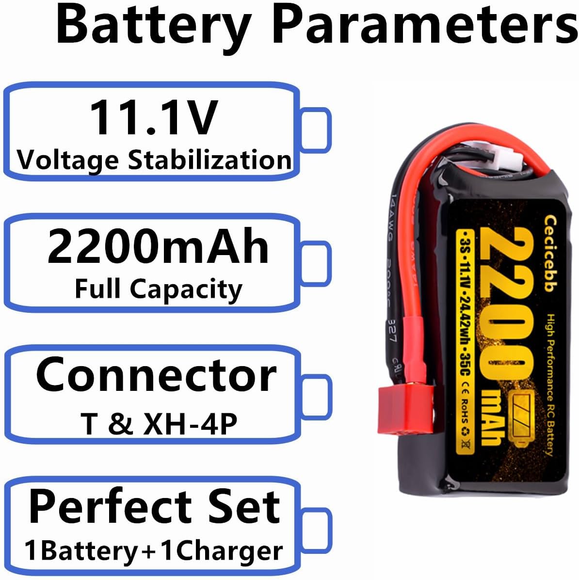 3S 11.1V Lipo Battery 2200mAh 35C with T Connector for RC Car Vehicles RC Boat Drone Airplane Quadcopter Helicopter FPV 1 Pack with USB Charger