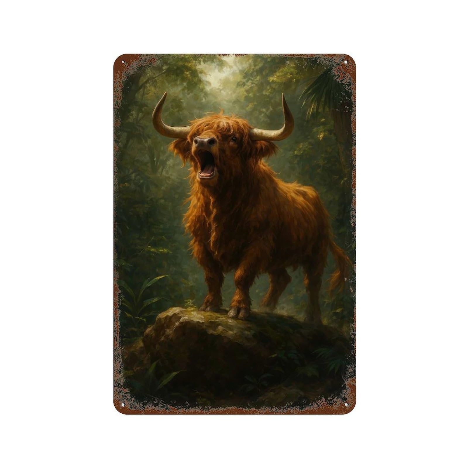 Highland Cow Roaring in Jungle Retro Metal Sign 11.8"x7.9", for Bistro, Counter And Cafe Decor, Rustic Home Decor