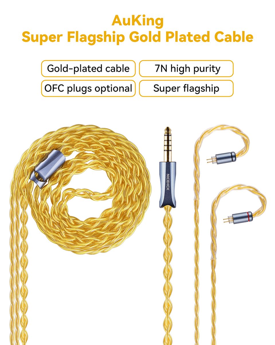 NICEHCKAuKing IEM Cable, 4N Pure Gold Plated Earbuds Cords, 7N OCC Coated Silver Earbuds Upgrade Cables, in-Ear Earphone Cord for Wired Earphones (4.4mm+2Pin)