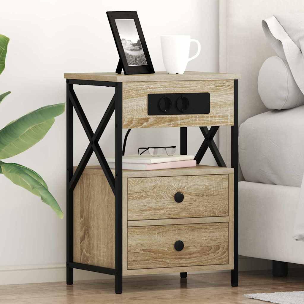 Meuble de rangement rustique pour salon et chambre avec prise de recharge intégrée
